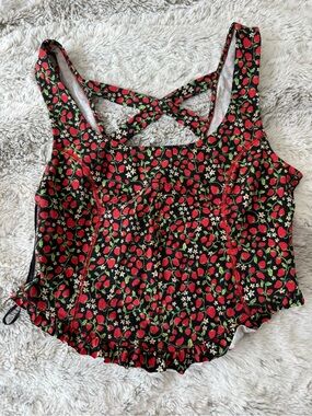 Free People Black Strawberry Print Crisscross Crop Camisole